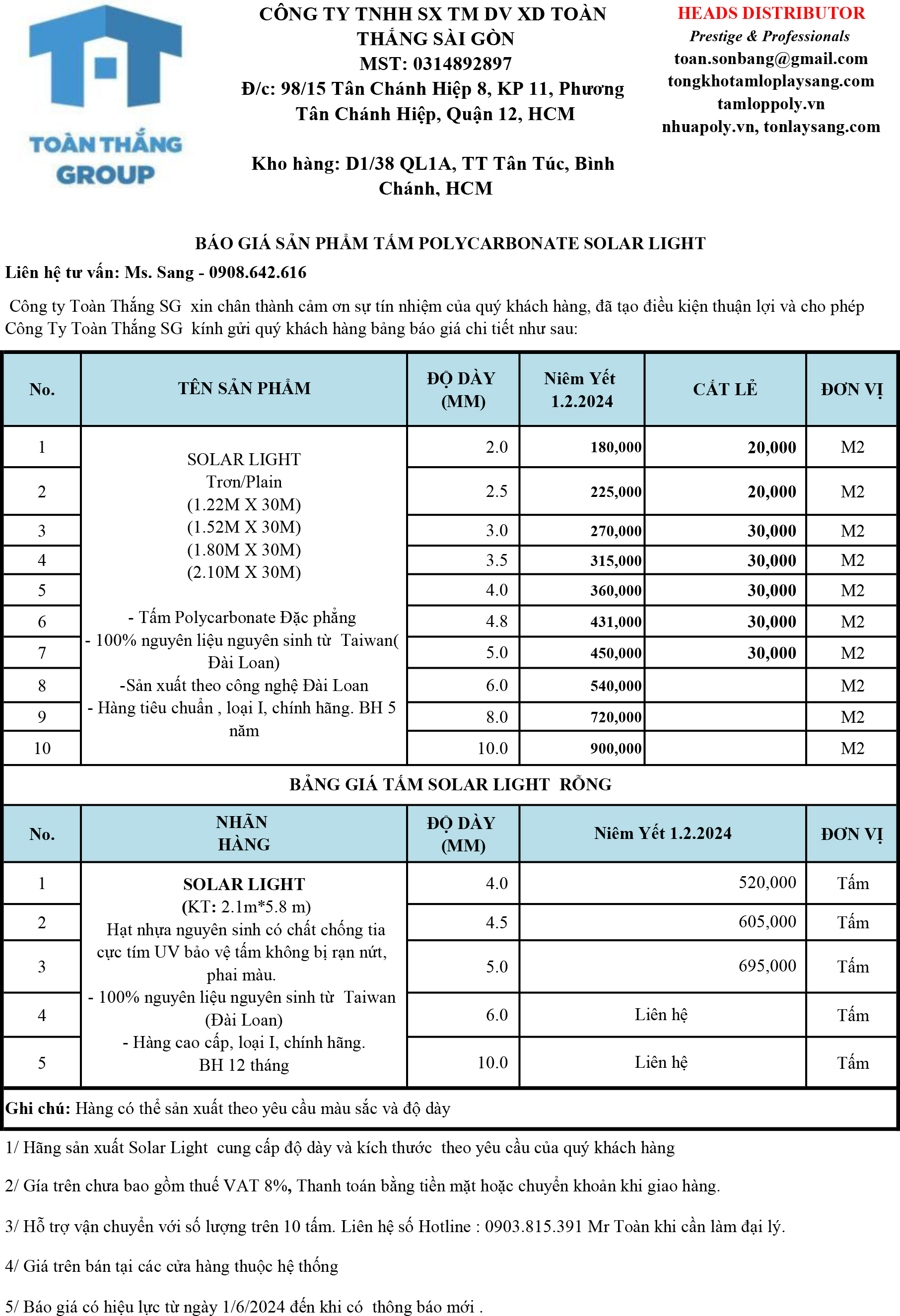 bảng giá tấm lợp lấy sáng polycarbonate